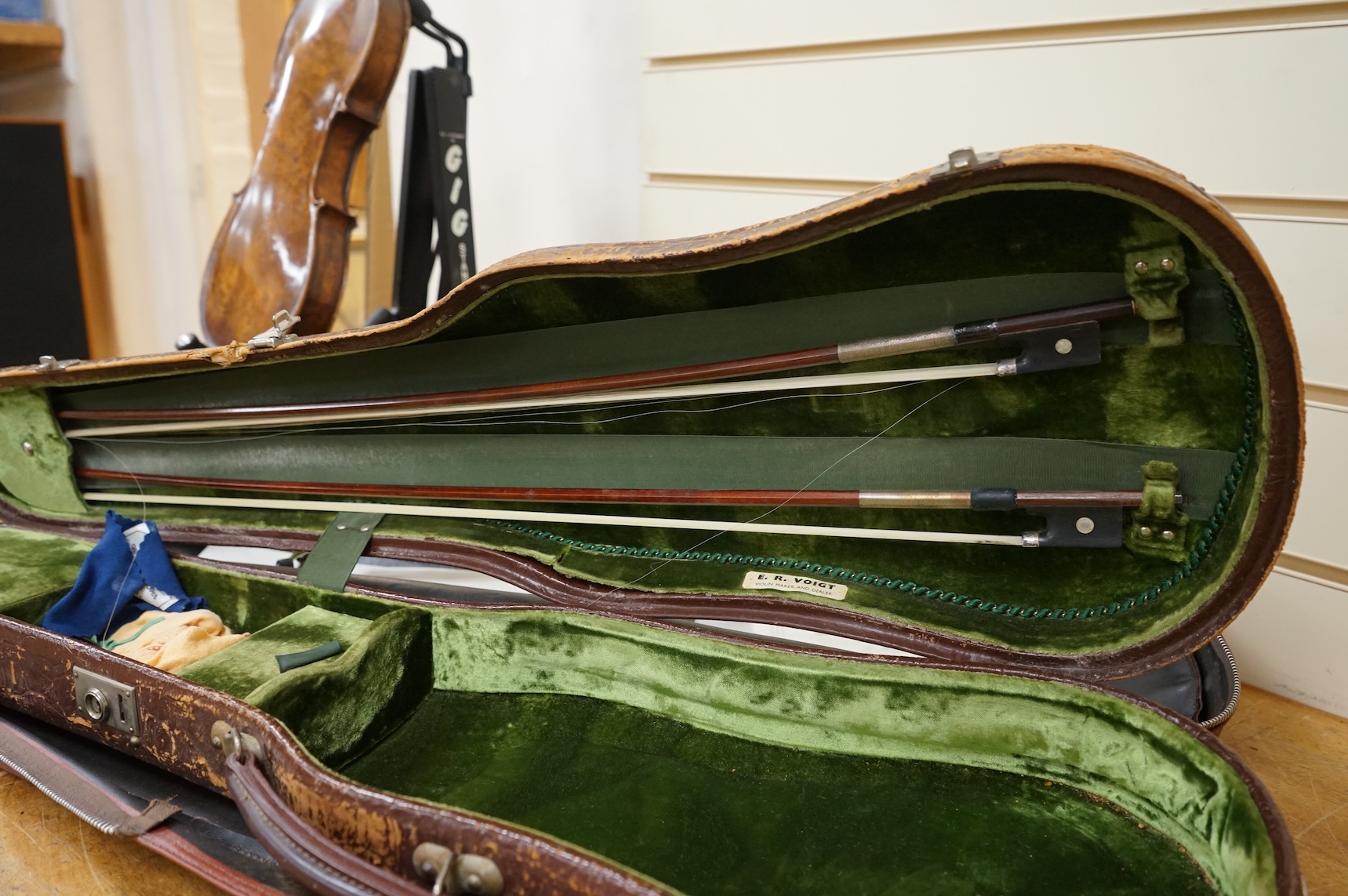 An interesting late 18th century violin, with one piece bird’s eye maple back, unsigned, with two silver fully mounted octagonal bows, one stamped Voight CITES Submission reference, 3XFNUBT7 and Submission reference, RHL